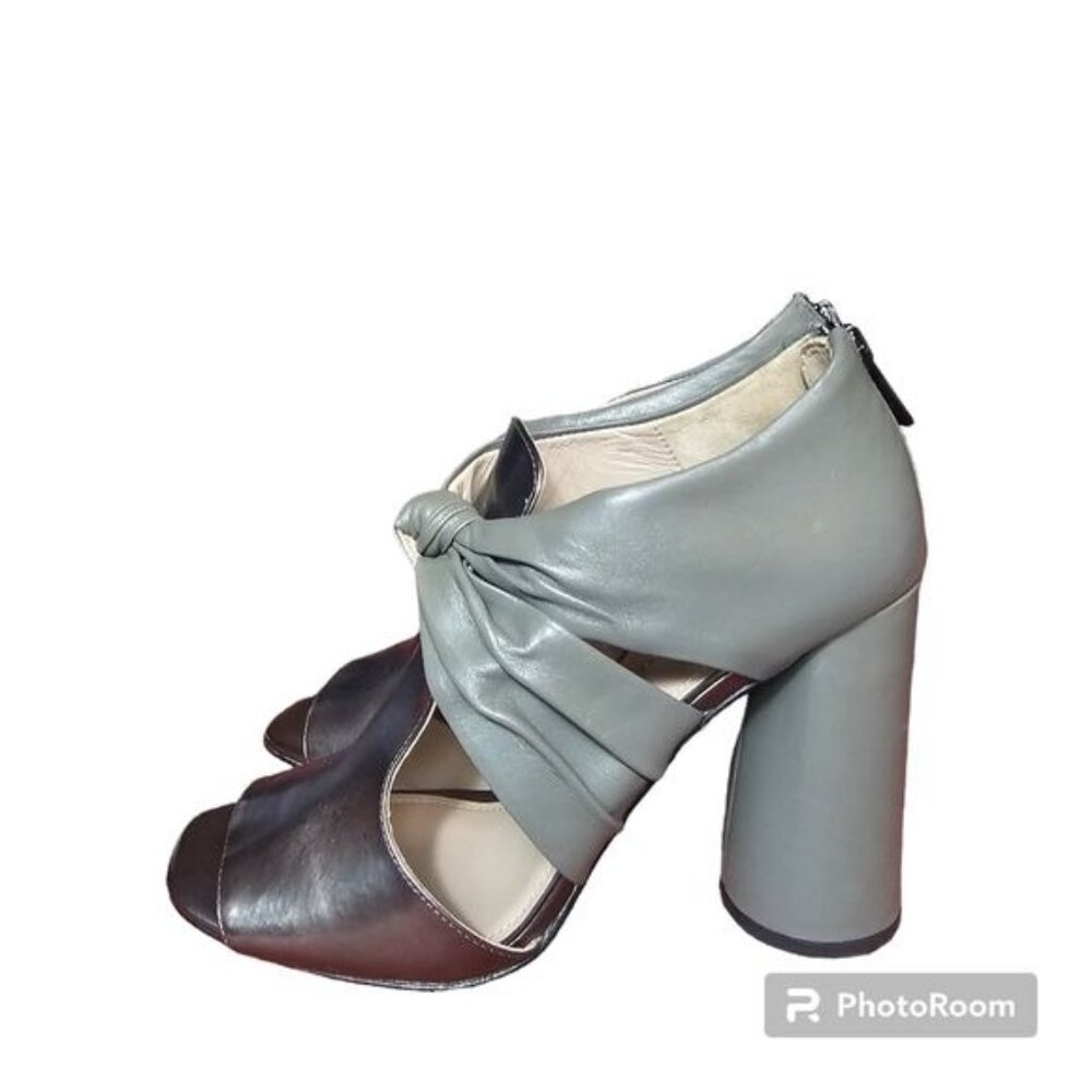 Donald J Pliner Bailey Knot Leather Block Heels‎ 9M Gray Bronze Metallic 4.5"